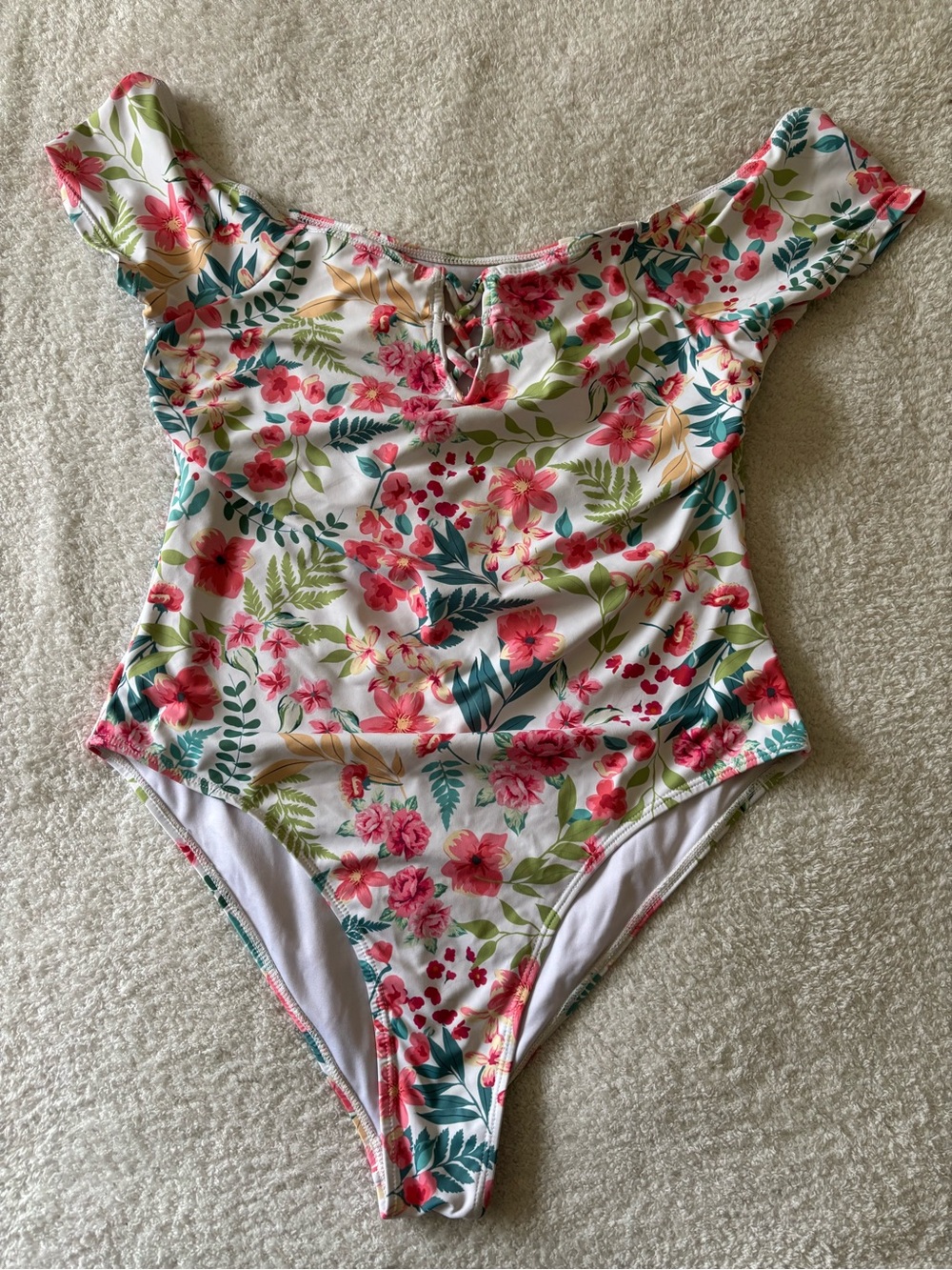 Beach Joy Floral Off-Shoulder One-Piece Swimsuit - White with Pink & Green